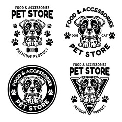 Pet store set of vector emblems concept with cute cartoon dog character illustration in black style isolated on white background