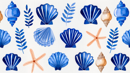Watercolor illustration of a modern minimalist Scandinavian seashell pattern in coastal blue on white ink watercolour 