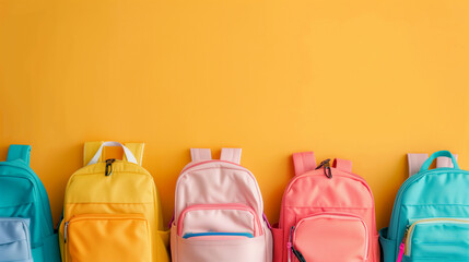 A row of colorful backpacks filled with school supplies against a vibrant yellow background.

