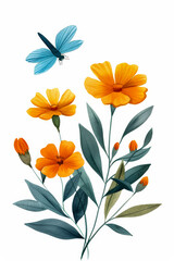 Fototapeta premium Watercolor illustration of a mystical dragonfly hovering over autumnal marigolds for Diwali bright simple watercolour background 