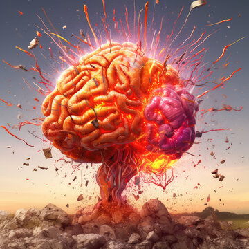 Nuclear explosion of the brain under blue sky. Emotional overstrain, mental instability concept