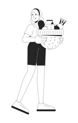 Caucasian woman carrying hat with food black and white 2D line cartoon character. European female using cap as bag isolated vector outline person. Lifestyle monochromatic flat spot illustration