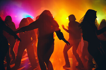 Fototapeta premium Silhouettes of people dancing in a colorful and vibrant party atmosphere with bright lights creating an energetic and lively scene