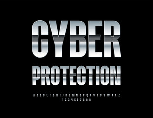 Vector trendy emblem Cyber Protection. Modern Metallic  Font. Silver Unique Alphabet Letters and Numbers set.