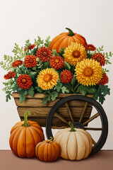 Watercolor illustration of a rustic wheelbarrow filled with pumpkins and chrysanthemums for Thanksgiving bright simple watercolour background 