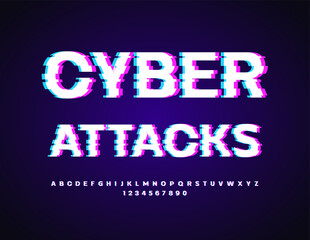 Vector modern flyer Cyber Attacks. Bright Digital Font with Glitched pixels. Set of futuristic Alphabet Letters and Numbers set