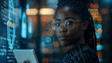 A black woman holding an iPad, standing in front of her computer screen with digital security symbols floating above it and code in the background