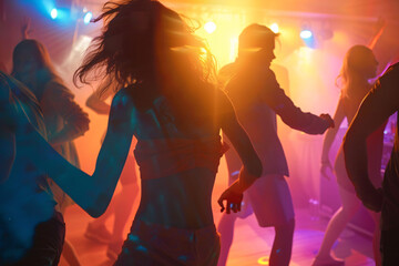 People dancing in a club with colorful lights creating dynamic shadows and energetic ambiance