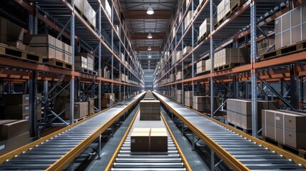Automated logistics center with advanced robotized order picking system for efficient warehouse management and streamlined distribution process in modern business supply chain operations
