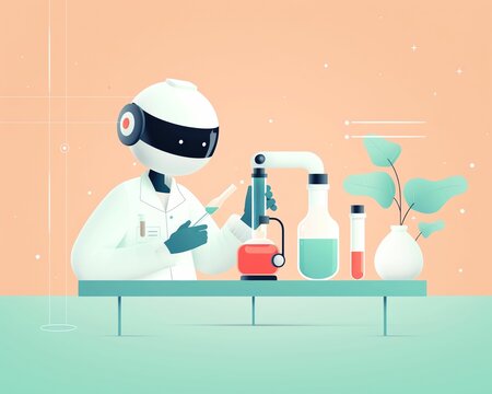 A futuristic robot scientist conducts an experiment in a laboratory, using beakers and test tubes.
