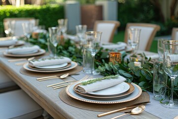 Fototapeta premium Outdoor dining scene with rich greenery, gold place settings on gray and gold tablescape. Serene garden backdrop with wooden fence. Perfect for festive banquet or special occasion.