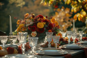 Outdoor table setting with red yellow orange flowers, crystal glassware, white plates silverware, red napkin. Garden background with trees foliage in autumn colors. Perfect for festive banquet.
