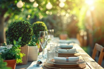 Outdoor dining scene with white tablecloth, plants, wine glass and water. Rich garden background with sun glow. Perfect for festive banquet or special occasion.