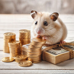 Hamster and a stack of gold coins on a white wooden table above the