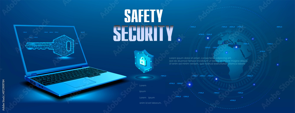Poster safety and protection. cyber banner with open laptop and holographic key. glowing electronic key wit
