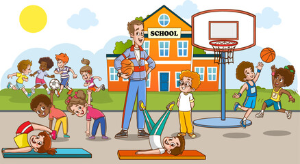 Children doing various sports in physical education class at school. Vector illustration of children exercising in physical education class with their teacher.