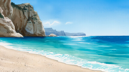 Watercolor illustration of a sunlit Greek island beach with azure waves against rugged cliffs ink watercolour 