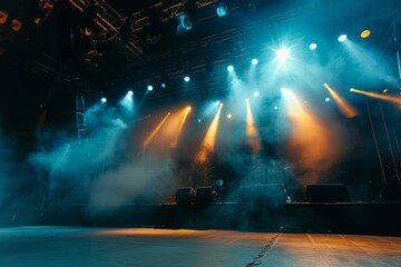 A stage with vibrant lighting and billowing smoke. Stage background with copy space, AI generated