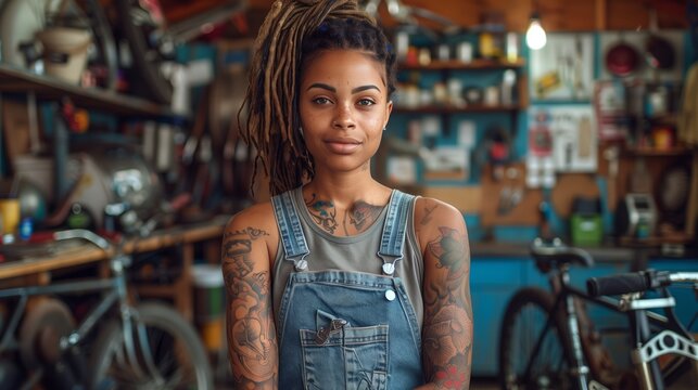A photo of an attractive woman with dreadlocks standing in her bike shop holding tools