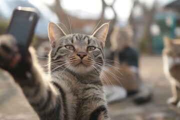 Fototapeta premium Cute gray tabby cat takes selfie with phone camera. Feline friend poses on rock with friends in background. Playful kitty captures moment with smartphone. Cat influencer concept.