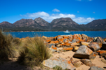 View of The Hazards in Freycinet National Park from Coles Bay, Tasmania.