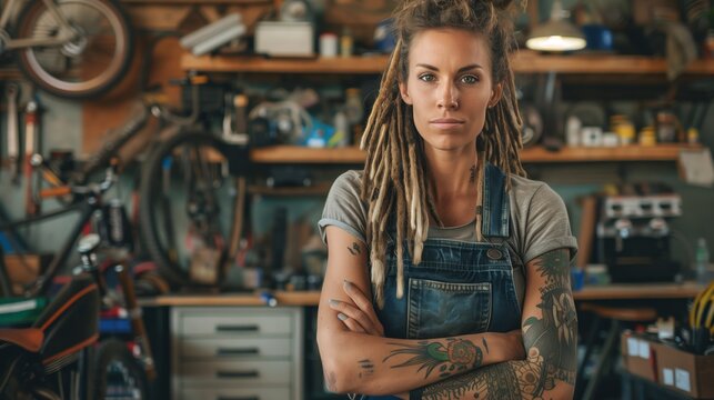 A photo of an attractive woman with dreadlocks standing in her bike shop holding tools