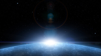 Deep dark space with with 3d planet, lens flare and stars illustration background.	