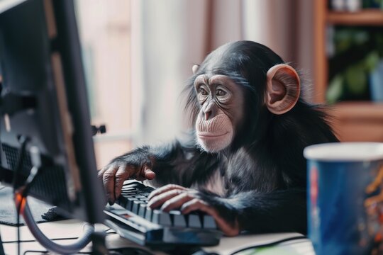 Monkey sits at desk with keyboard and computer screen. Workspace has blue mug, white plate, black monitor. Window offers serene tree view. Influencer monkey streams online.