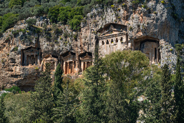 Fethiye King Tombs,carved into the rock tomb 4th century BC. The Lycian Amintas King Tombs. Tombs of Telmessos Ancient City in Fethiye, Amyntas Rock.