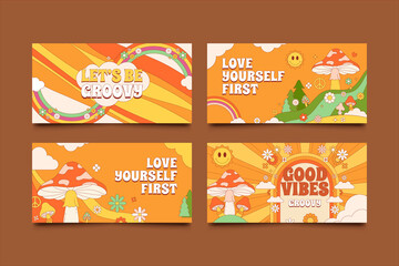 Colorful groovy nature horizontal cards set