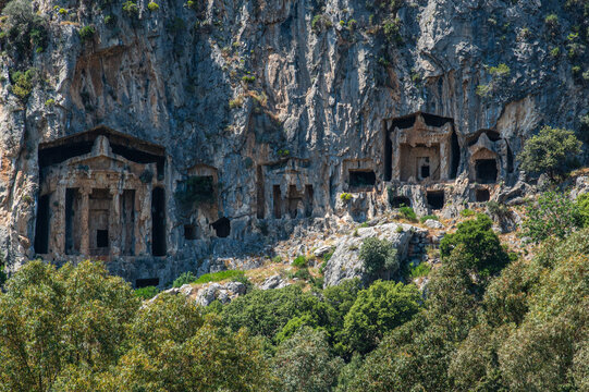 Fethiye King Tombs,carved into the rock tomb 4th century BC. The Lycian Amintas King Tombs. Tombs of Telmessos Ancient City in Fethiye, Amyntas Rock.