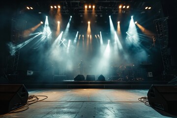 Empty concert stage with illuminated spotlights and smoke. Stage background with copy space, AI...