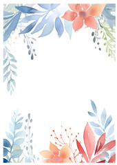 Watercolor floral frame. Hand painted flowers and leaves isolated on white background