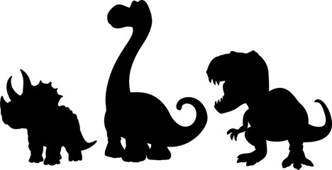 Set of black silhouettes of dinosaurs on a white background, stegosaurus, Triceratops, Tyrannosaurus, Brontosaurus, pterodactyl and others