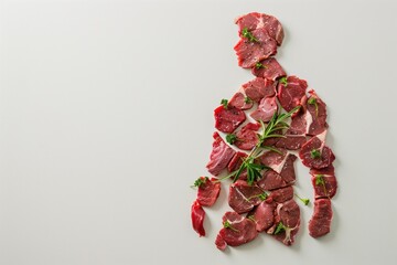 Healthy eating concept red meat and veggies form human shape on white background. Pink-red meat mirrors green veggie strips for balance and symmetry. Suitable for wellness, fitness, nutrition themes.