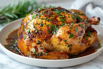 Whole roasted chicken garnished with fresh herbs, sitting on a white ceramic plate, showcasing a delicious and appealing meal ready to be enjoyed.
