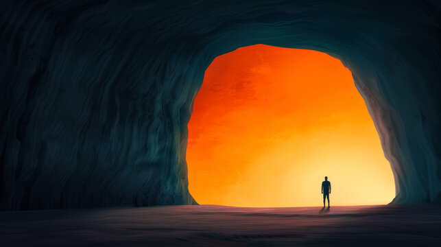 Watercolor illustration of an enchanted spelunker exploring the vast underground labyrinth of Mammoth Cave National Park bright simple watercolour background 