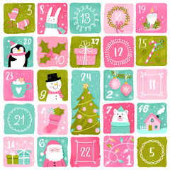 Cute hand drawn Christmas advent calendar. Lovely doodle drawings, vector design