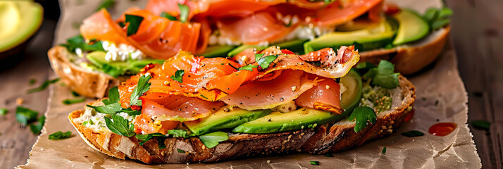 sandwich with avocado and red fish. 