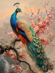 Stunning peacock perched amid vibrant spring blossoms