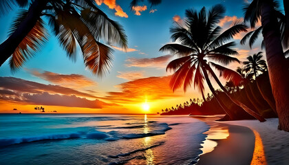 colorful tropical sunset casts a warm glow over a peaceful beach scene with palm trees breathtaking tropical sunset background creates a postcard-perfect scene on a beach with palm trees. background 