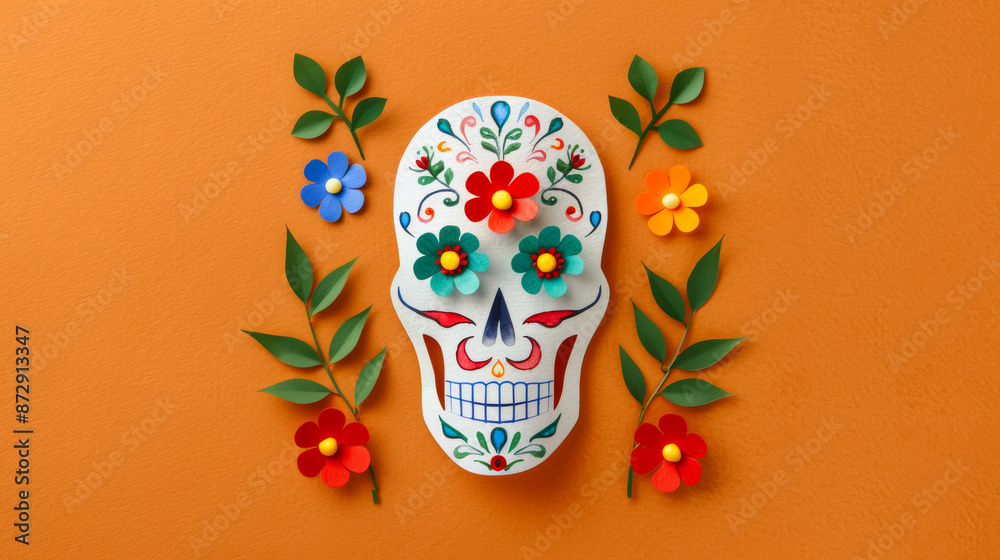 Wall mural Watercolor illustration of colorful paper skull adorned with flowers and candles celebrating Day of the Dead bright simple watercolour background 