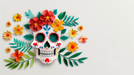Watercolor illustration of colorful paper skull adorned with flowers and candles celebrating Day of the Dead bright simple watercolour background 
