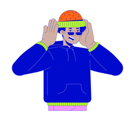 Happy latino man with warm hat 2D linear cartoon character. Hispanic guy putting on warn cap isolated line vector person white background. Casual fashion apparel color flat spot illustration