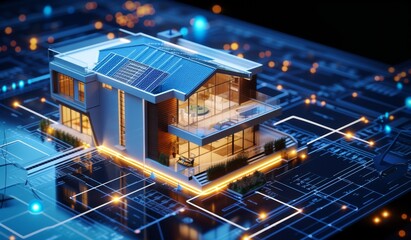 Futuristic smart home exterior, with data visualization lines, automation system, created with AI