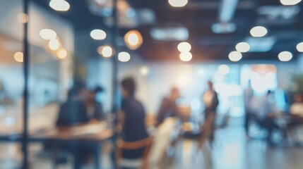 Fototapeta premium Professional team collaborating in modern office environment with blurred focus on business meeting, ideal for corporate brainstorming sessions, business planning, and collaborative workspaces backgro