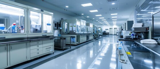 Fototapeta premium Brightly lit vaccine production facility, clean and sleek design, advanced machinery, sterile lab setting
