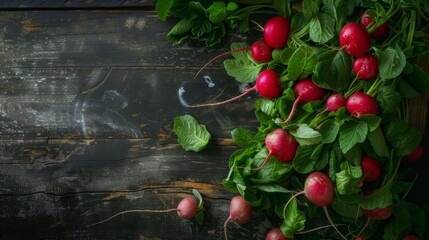 Bunch of Fresh Radishes on Rustic Wooden Table