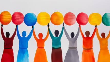 Watercolor illustration of jubilant masquerade participants in vibrant costumes and lanterns for Diwali bright simple watercolour background 