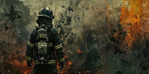 Fototapeta premium Firefighter Walking Through Abstract Fire Scene